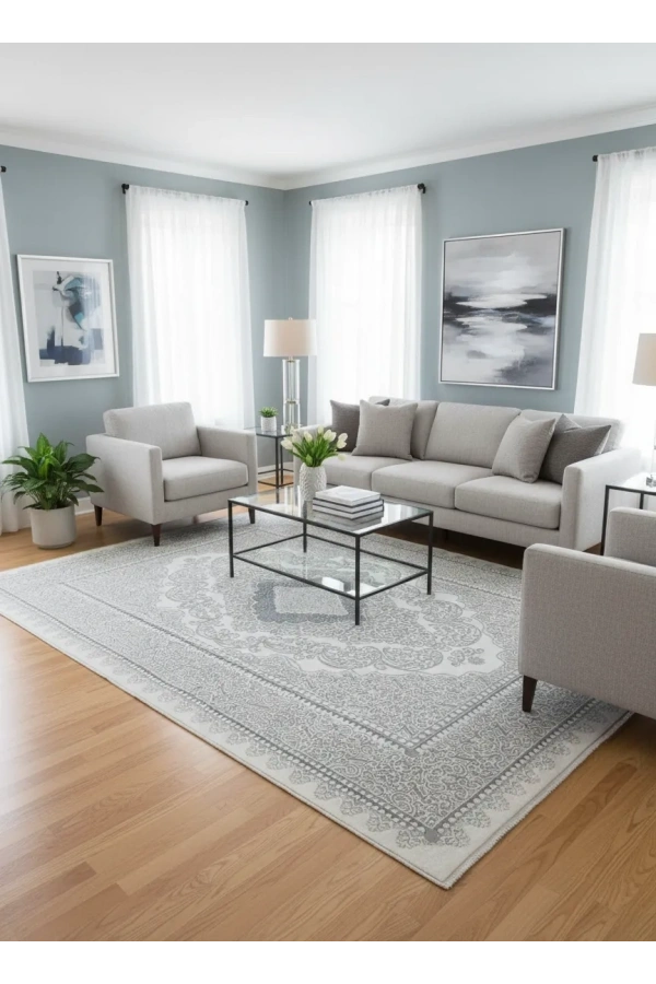 Odak Narin P7068A Gri-Mavi Flash Halı 200x280 | Osmanlı Madalyon Flash Halı