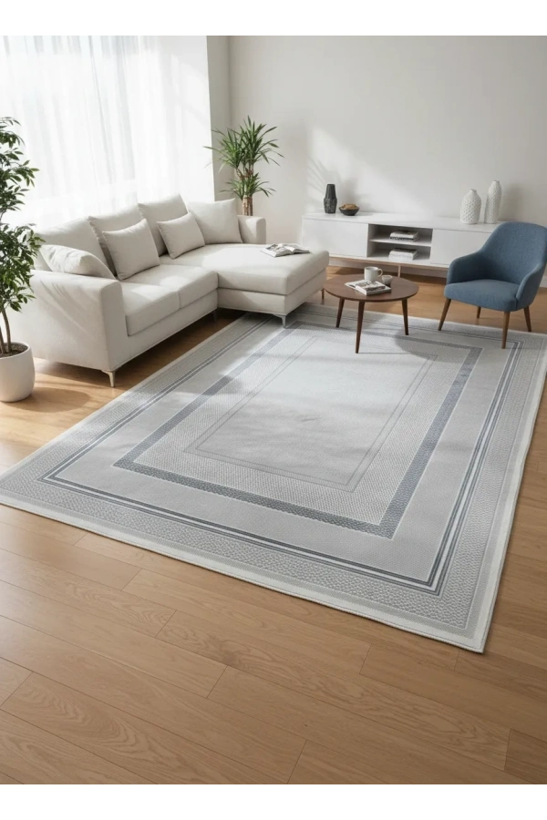 Odak Narin P2337A Gri-Mavi Flash Halı 200x280 | Bordürlü Çerçeveli Modern Halı