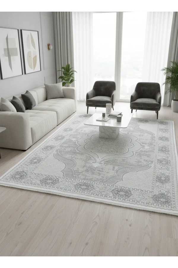 Odak İnci H6296A Beyaz Halı 200x280 | Osmanlı Madalyon Klasik Halı