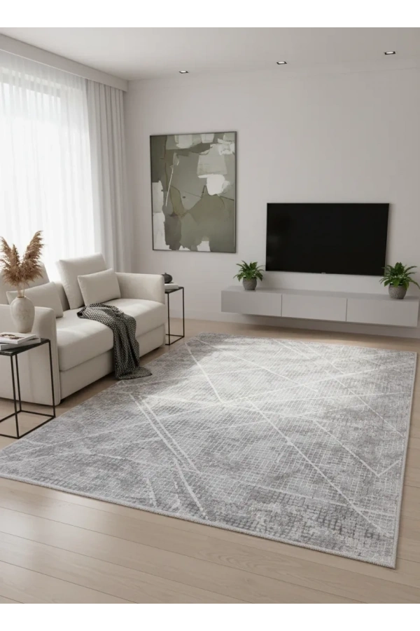 Odak İnci H7399A Gri-Beyaz Halı 200x280 | Geometrik Çapraz Çizgili Modern Halı