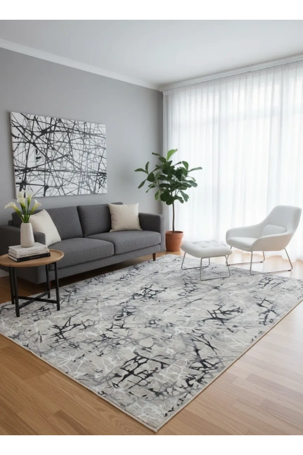 Odak İnci H6039A Lacivert-Gri Halı 200x280 | Soyut Dal Desenli Modern Halı