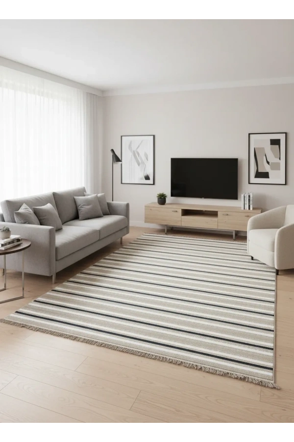 Veseo İskandinavy NU1075 Koyu Mavi Halı 200x275 | Lacivert Şeritli Bohem Halı