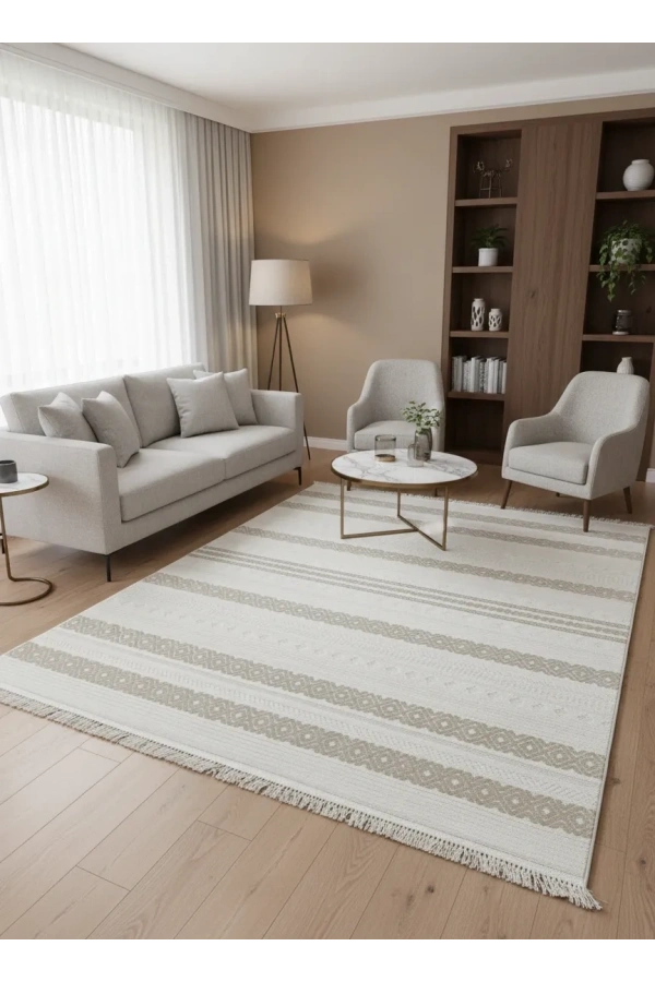Veseo İskandinavy 9101 Bej Halı 200x275 | Etnik Şeritli Bohem Halı