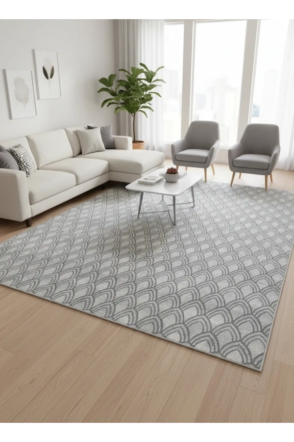 Dinarsu D019 Gri-Beyaz Halı | Art Deco Balık Pulu Desenli Modern Halı