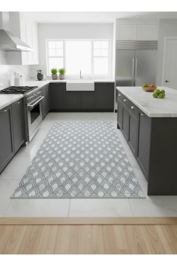 Dinarsu D019 Gri-Beyaz Halı | Art Deco Balık Pulu Desenli Modern Halı