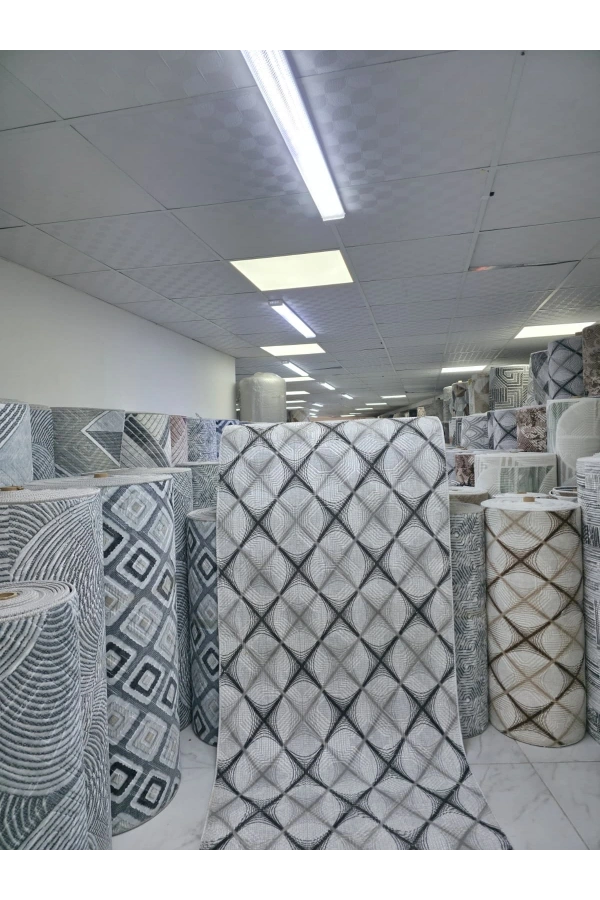 Dinarsu D017 Gri-Beyaz Halı | Büyük Baklava Ağ Desenli Modern Halı