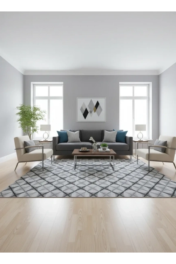 Dinarsu D017 Gri-Beyaz Halı | Büyük Baklava Ağ Desenli Modern Halı