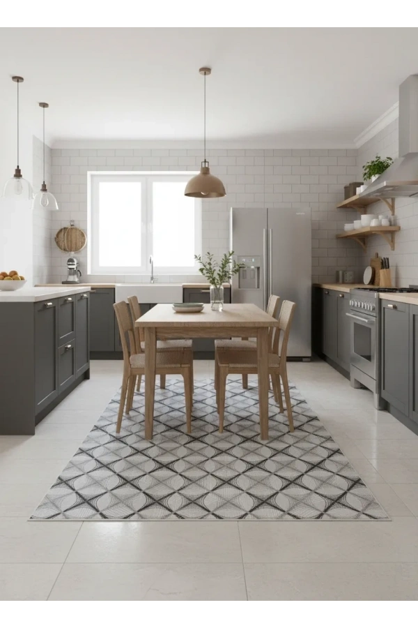 Dinarsu D017 Gri-Beyaz Halı | Büyük Baklava Ağ Desenli Modern Halı