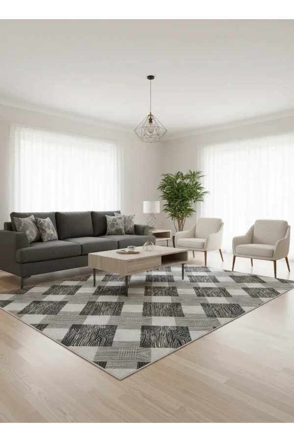 Dinarsu D016 Gri-Beyaz Halı | Ahşap Dokulu Çapraz Desen Modern Halı