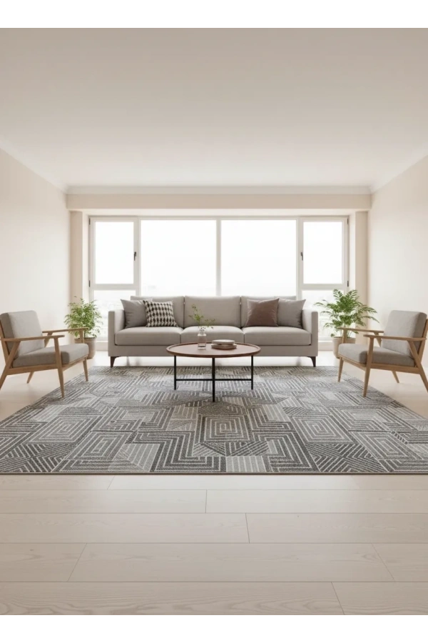 Dinarsu D015 Gri Halı | Labirent Meander Desenli Modern Halı