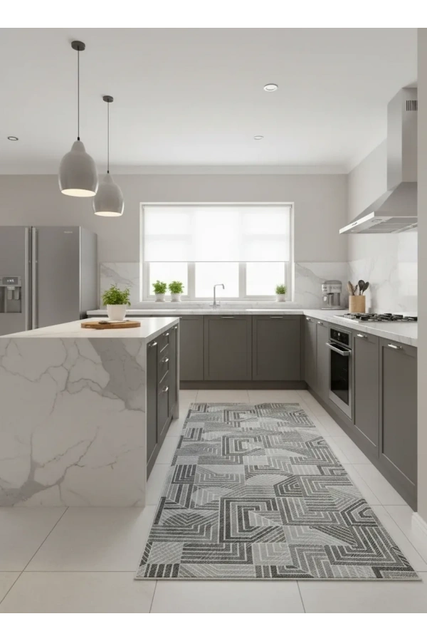 Dinarsu D015 Gri Halı | Labirent Meander Desenli Modern Halı