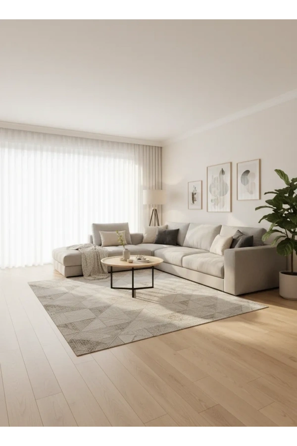 Dinarsu D013 Bej Halı | Üçgen Patchwork Geometrik Modern Halı