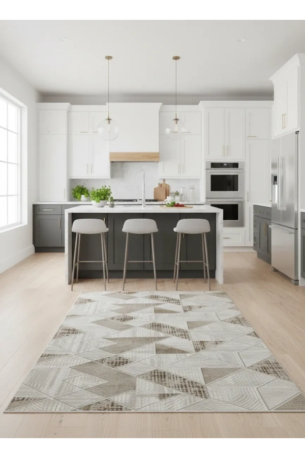 Dinarsu D013 Bej Halı | Üçgen Patchwork Geometrik Modern Halı