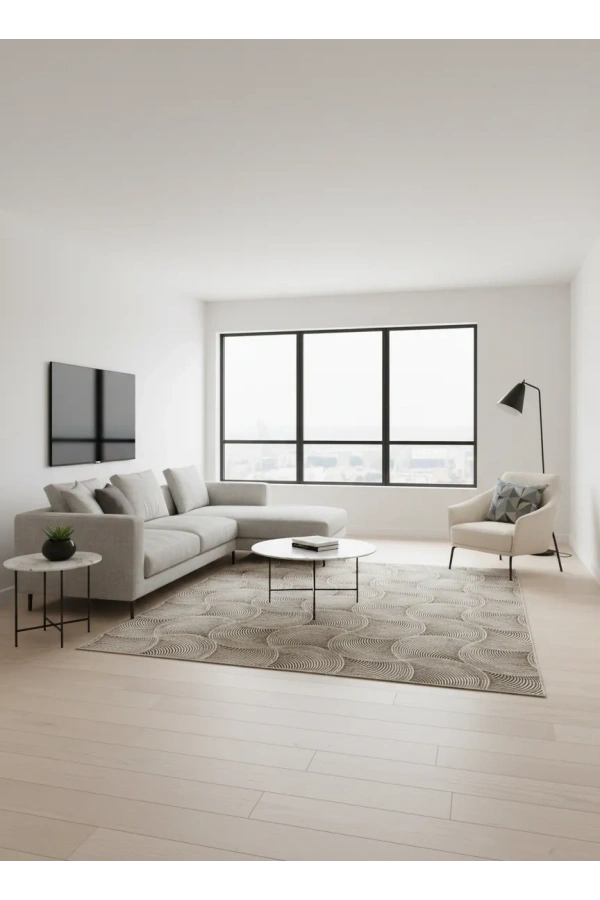 Dinarsu D010 Bej Halı | Spiral Daire Dokulu Modern Halı