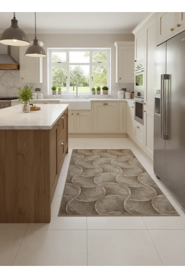 Dinarsu D010 Bej Halı | Spiral Daire Dokulu Modern Halı