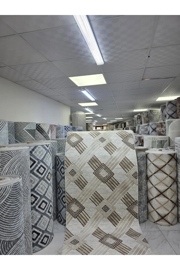 Dinarsu D007 Bej-Kahve Halı | Çapraz Baklava Çizgili Modern Halı