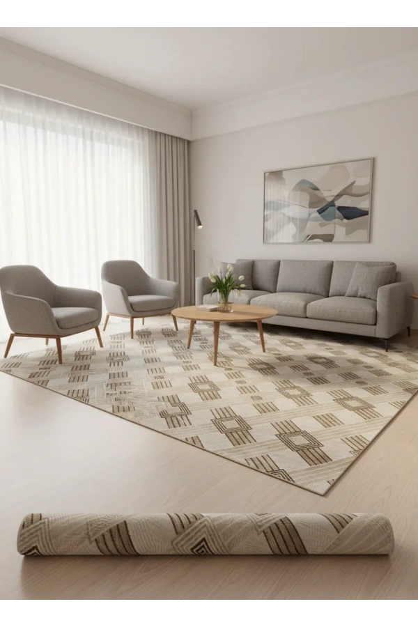 Dinarsu D007 Bej-Kahve Halı | Çapraz Baklava Çizgili Modern Halı