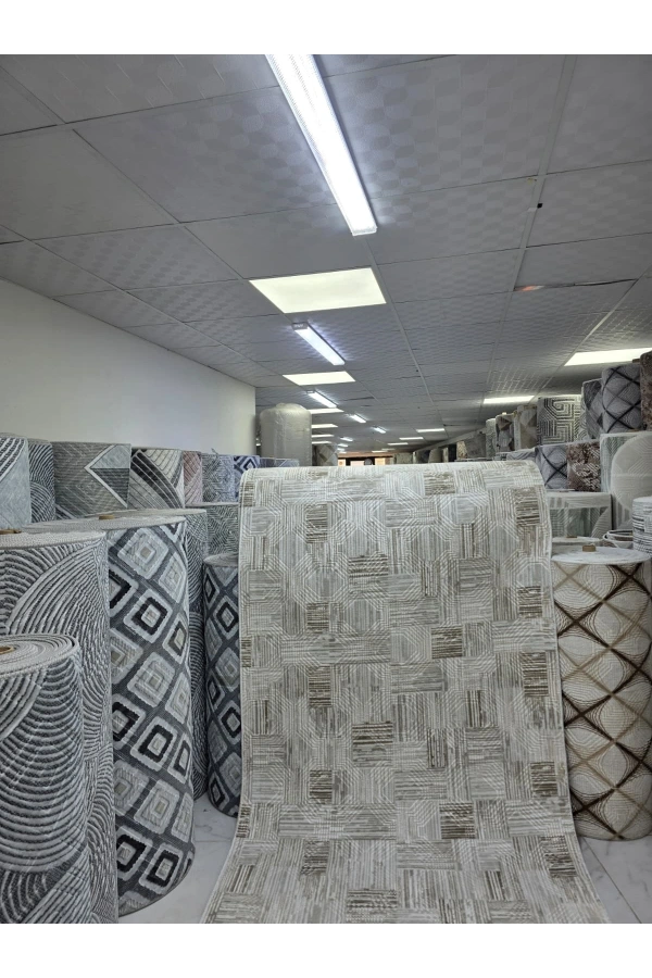 Dinarsu D006 Gri-Bej Halı | Kare Blok Soyut Dokulu Halı