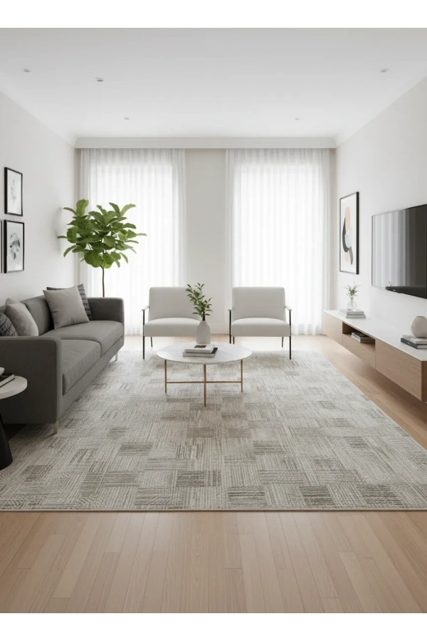 Dinarsu D006 Gri-Bej Halı | Kare Blok Soyut Dokulu Halı