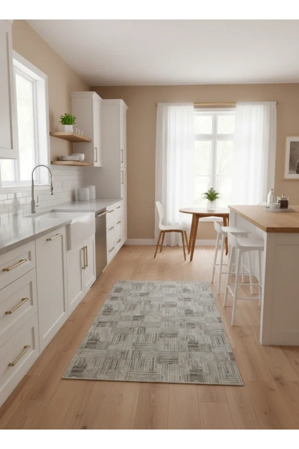 Dinarsu D006 Gri-Bej Halı | Kare Blok Soyut Dokulu Halı