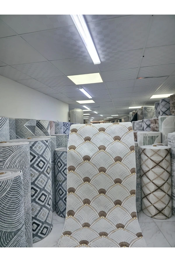 Dinarsu D004 Beyaz-Gold Halı | Art Deco Balık Pulu Desenli Lüks Halı