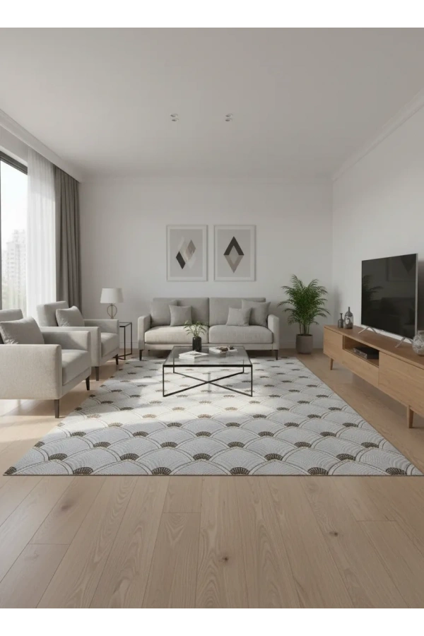 Dinarsu D004 Beyaz-Gold Halı | Art Deco Balık Pulu Desenli Lüks Halı