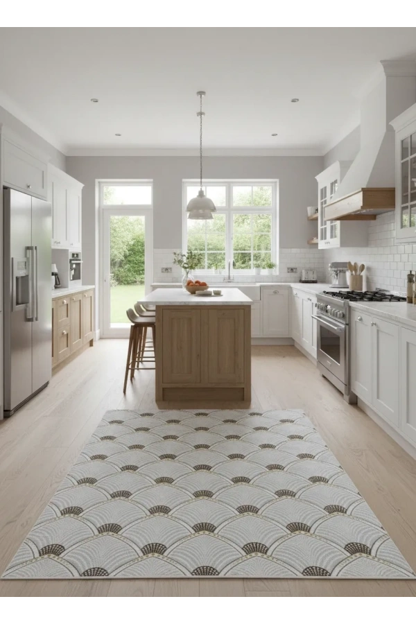 Dinarsu D004 Beyaz-Gold Halı | Art Deco Balık Pulu Desenli Lüks Halı