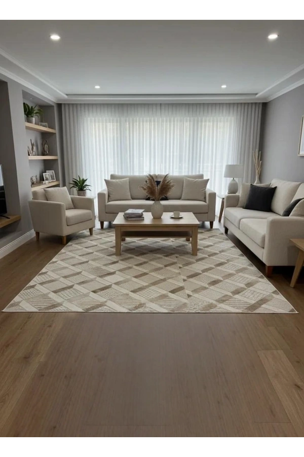 Dinarsu D003 Bej Patchwork Halı | Çok Dokulu Geometrik Halı