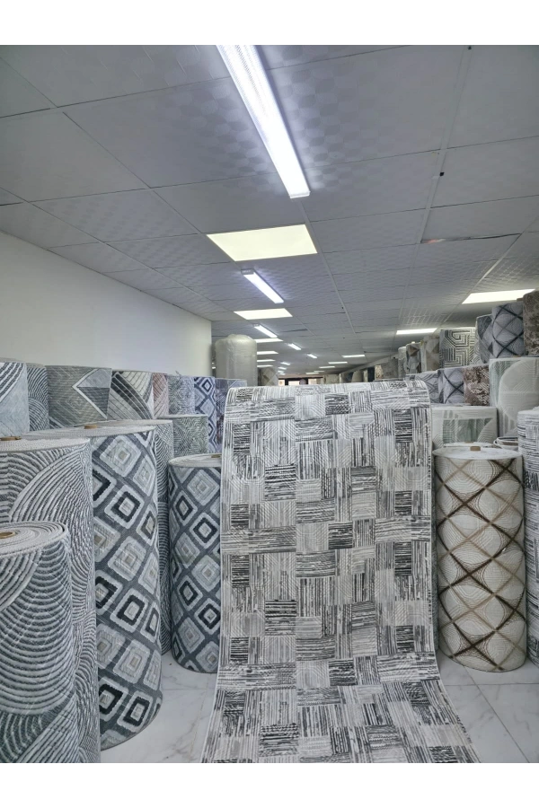 Dinarsu D002 Gri Halı | Kare Blok Çizgili Modern Halı