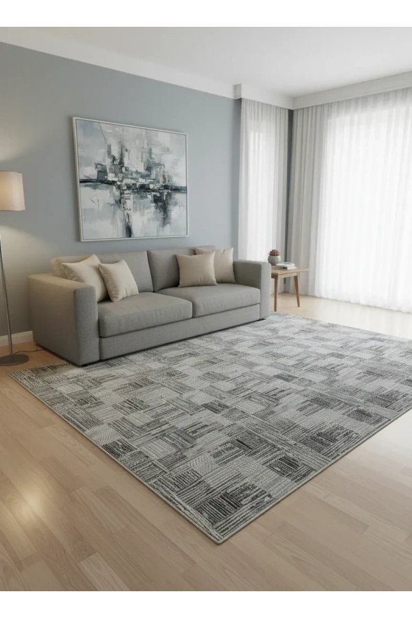 Dinarsu D002 Gri Halı | Kare Blok Çizgili Modern Halı