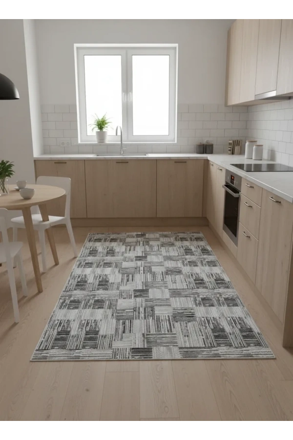Dinarsu D002 Gri Halı | Kare Blok Çizgili Modern Halı
