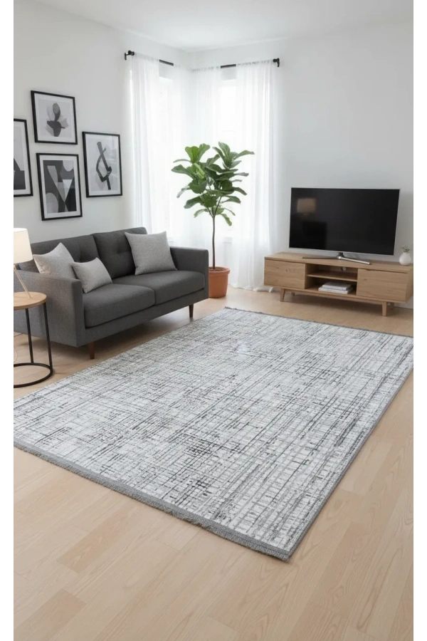 Veseo Asil NU1329 Krem-Gri Halı 150x220 | Çizgi Kare Dokulu Soyut Modern Halı