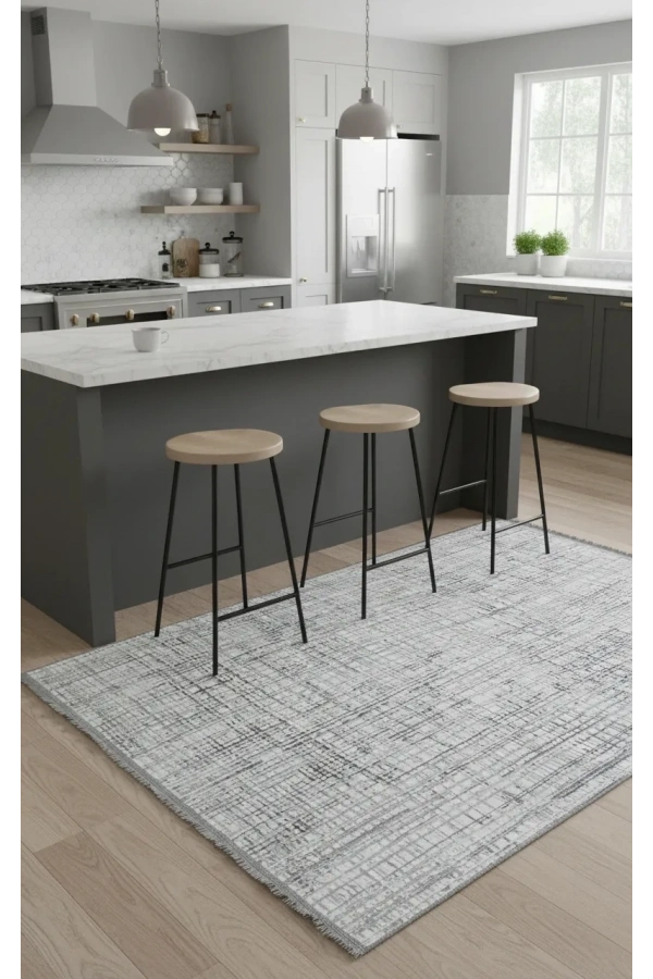 Veseo Asil NU1329 Krem-Gri Halı 150x220 | Çizgi Kare Dokulu Soyut Modern Halı