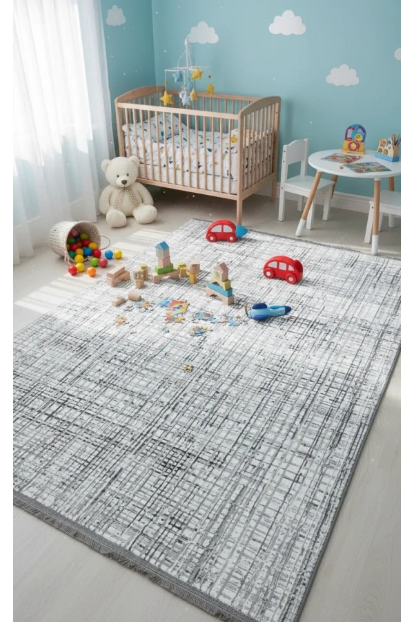 Veseo Asil NU1329 Krem-Gri Halı 150x220 | Çizgi Kare Dokulu Soyut Modern Halı