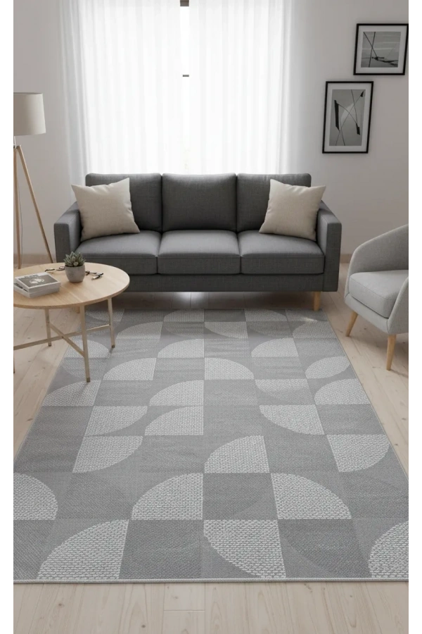 Veseo Armoni 40175A Açık Gri-Koyu Lacivert Halı 150x220 | Geometrik Yarım Daire Halı