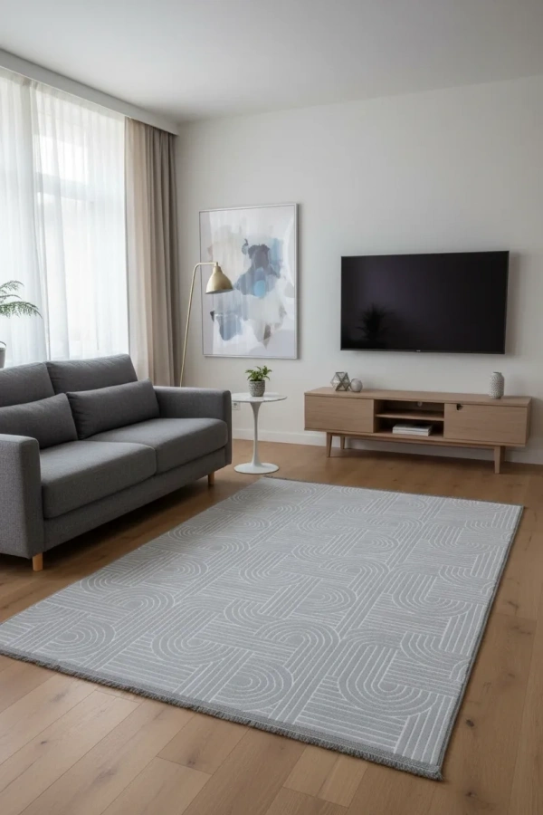 Veseo Asil NU1302 Açık Gri-Beyaz Halı 150x220 | Ark Labirent Çizgili Modern Halı