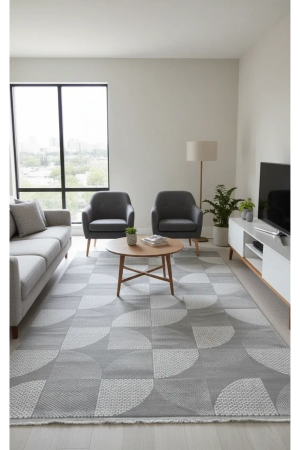 Veseo Armoni 40175A Açık Gri Halı 150x220 | Geometrik Yarım Daire Desenli Modern Halı