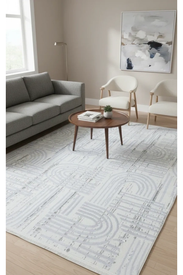 Veseo Asil NU1332 Krem-Beyaz Halı 150x220 | Soyut Çizgi Labirent Desenli Halı