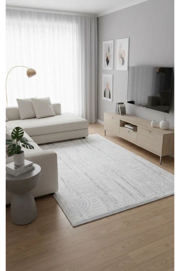 Veseo Asil NU1332 Açık Gri-Gri Halı 150x220 | Soyut Çizgi Labirent Desenli Halı