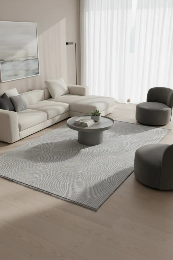 Veseo Asil NU1325 Açık Gri-Beyaz Halı 150x220 | Oval Ark Geometrik Modern Halı