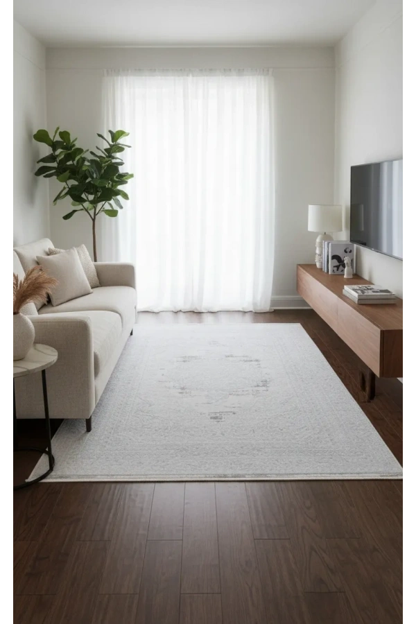 Veseo Asil NU1331 Açık Gri-Beyaz Halı 150x220 | Klasik Madalyon Desenli Halı