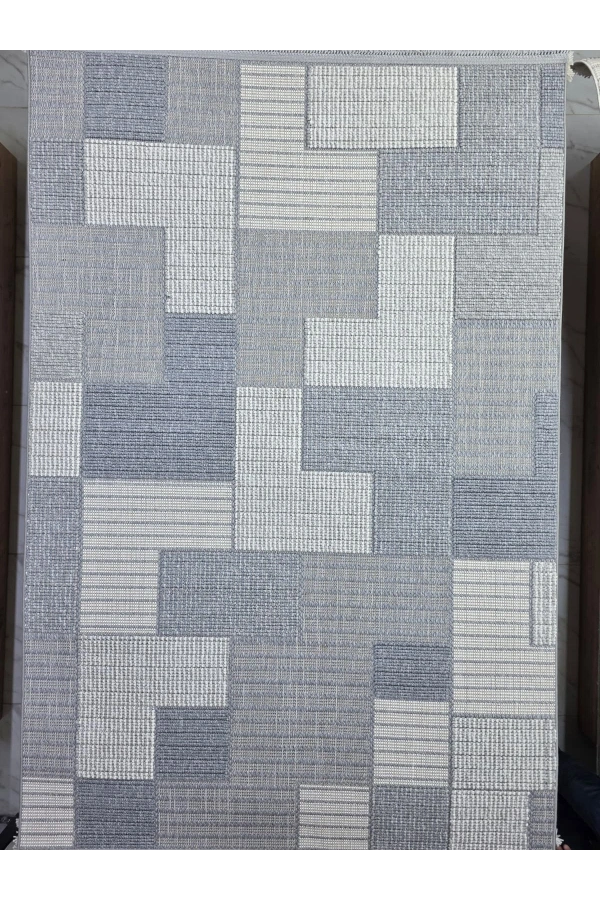 Excellence Narbe NB04 Krem Gri Mavi Patchwork Blok Salon Halısı 150x220 — Modern Saçaklı