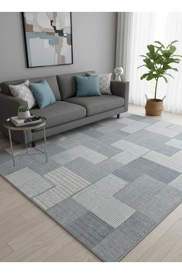 Excellence Narbe NB04 Krem Gri Mavi Patchwork Blok Salon Halısı 150x220 — Modern Saçaklı