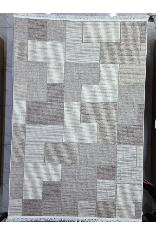 Excellence Narbe NB03 Krem Vizon Patchwork Blok Salon Halısı 150x220 — Kare Blok Saçaklı