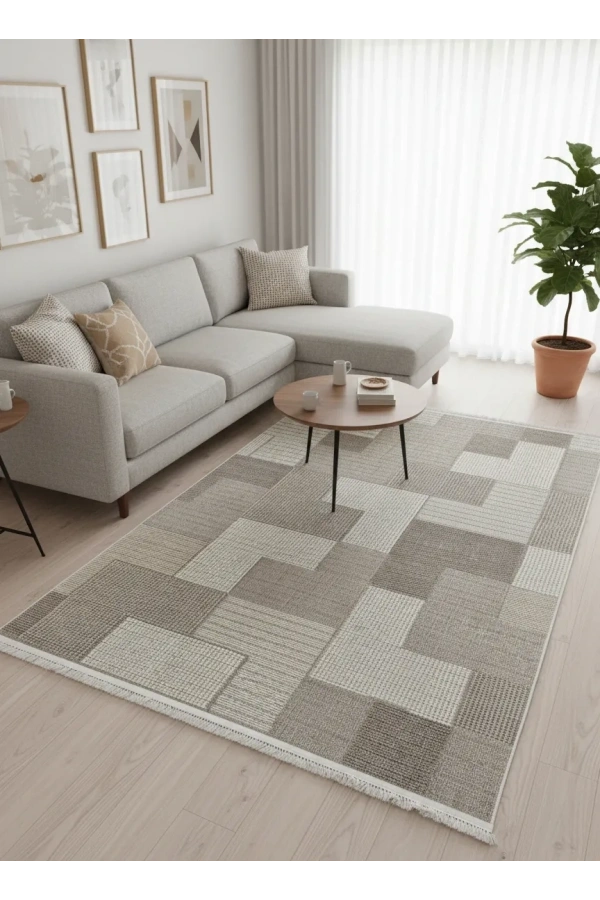 Excellence Narbe NB03 Krem Vizon Patchwork Blok Salon Halısı 150x220 — Kare Blok Saçaklı