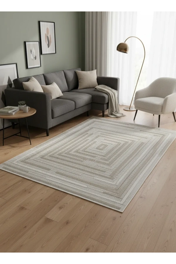 Excellence Narbe NB02 Krem Bej Spiral Labirent Salon Halısı 150x220 — İç İçe Çerçeve Saçaklı