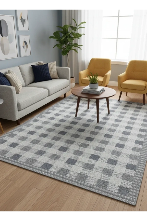 Excellence Narbe NB01 Krem Gri Kareli Düz Dokuma Salon Halısı 150x220 — Ekose Desen