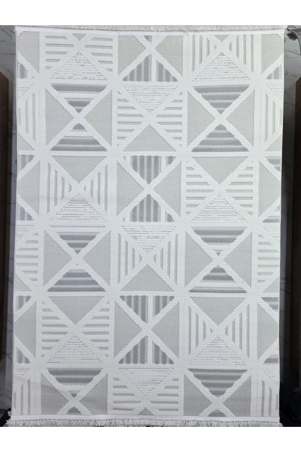Excellence Level EN274P Krem Gri Üçgen Geometrik Salon Halısı 150x220 — İç İçe Desen Saçaklı