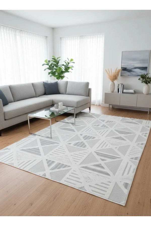 Excellence Level EN274P Krem Gri Üçgen Geometrik Salon Halısı 150x220 — İç İçe Desen Saçaklı