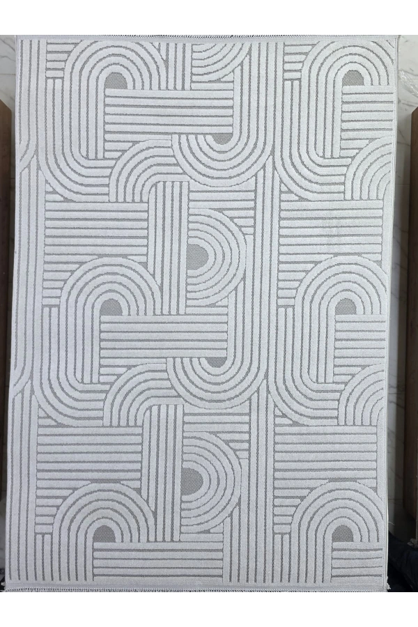 Excellence Level EN270P Gri Labirent Kıvrım Desen Salon Halısı 150x220 — Modern Saçaklı